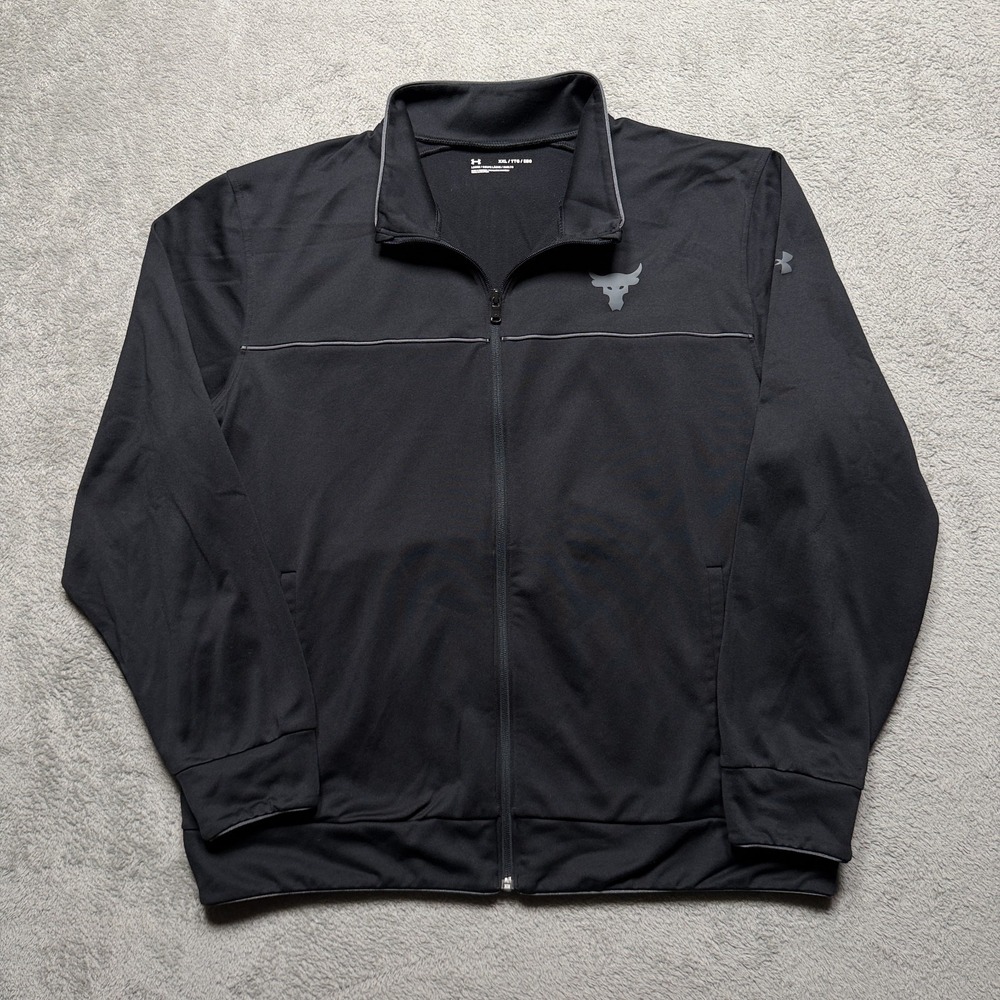 Under Armour Jacket Mens XXL Black Project Rock Full Zip Bull Logo Track Pockets